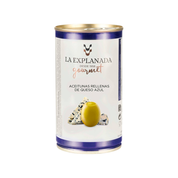 La Explanada. Grüne Manzanilla-Oliven, gefüllt mit Blauschimmelkäse