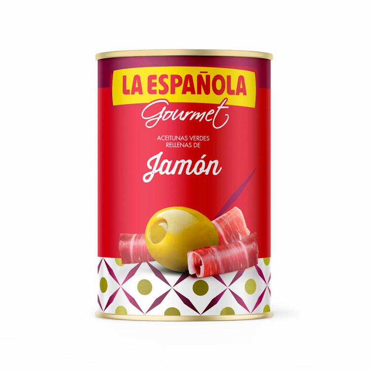 La Española. Green Mazanilla olives stuffed with ham (jamón)